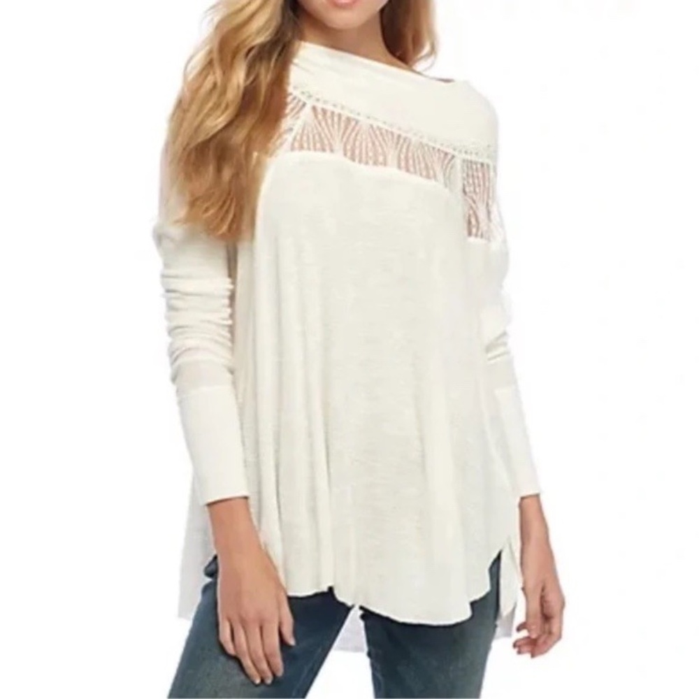 Free People Spring Valley Ivory Waffle Knit Lace Long Sleeve Top Size Medium